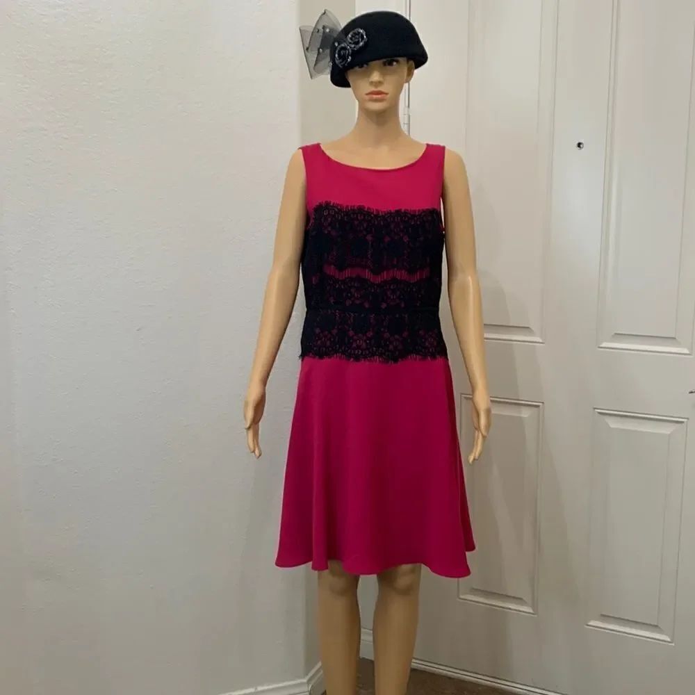 Ann Taylor Loft Size 8 Scoop Neck Short Sleeve Pink Black Lace Midi Button Back